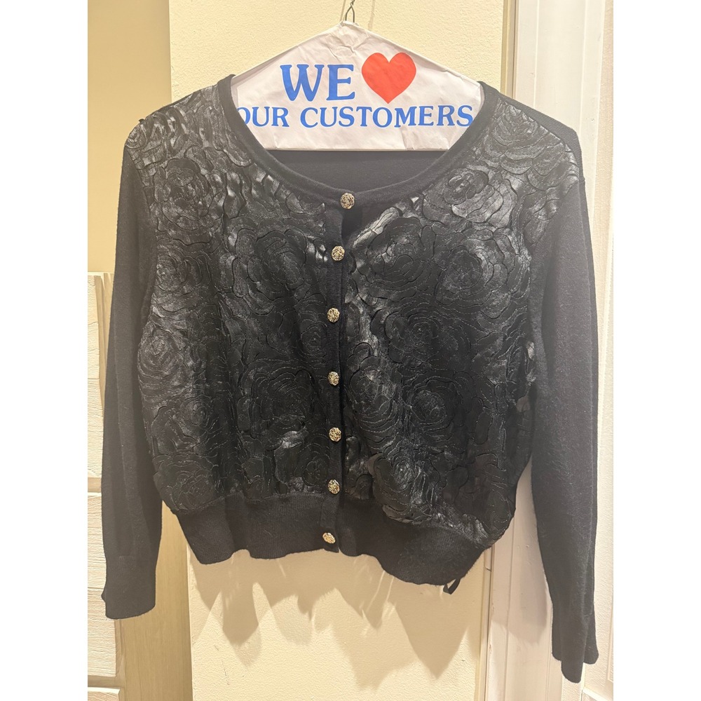 Karl Lagerfeld Paris Black 3D Rosette Cropped Cardigan Gold Rose Buttons L